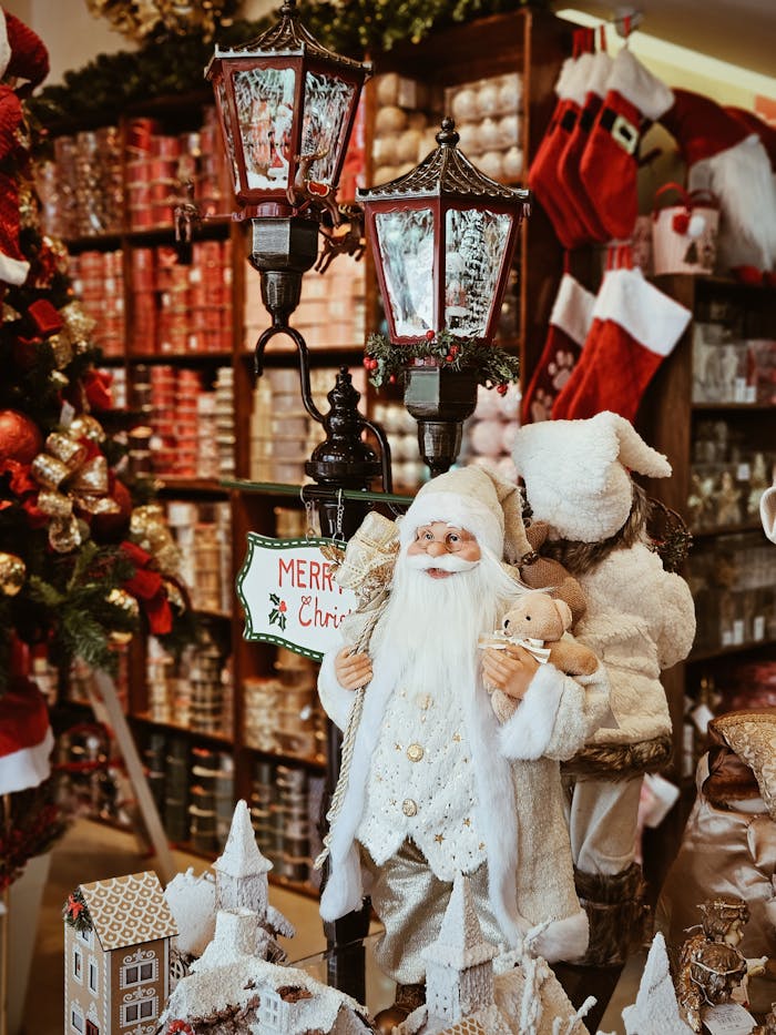 Decorative Christmas scene featuring Santa and festive ornaments in a shop setting.