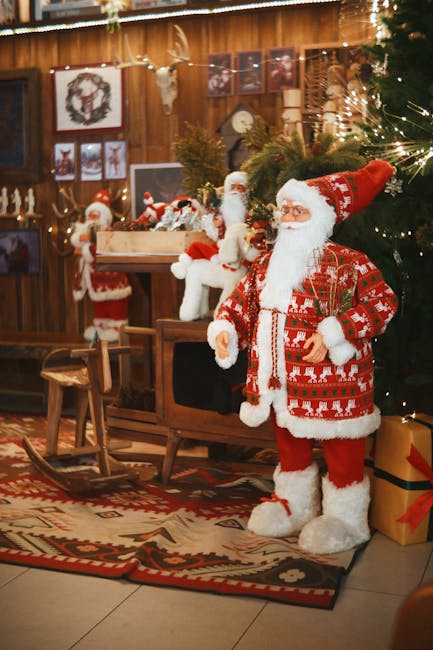 Charming Santa Claus figurines in traditional Christmas decor create a cozy holiday atmosphere.
